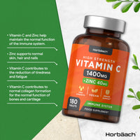 Vitamin C and Zinc | 180 Vegan Tablets | High Strength Vitamin C 1400mg and Zinc 40mg | Immune System Support | by Horbaach