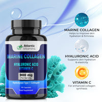 Marine Collagen 900 mg - High Strength 90 Capsules Collagen with Hyaluronic Acid and Vitamin C for Skin, Joints and Hair - Type 1 Hydrolyzed Collagen Supplements for Women & Men - Atlantic Vitamins