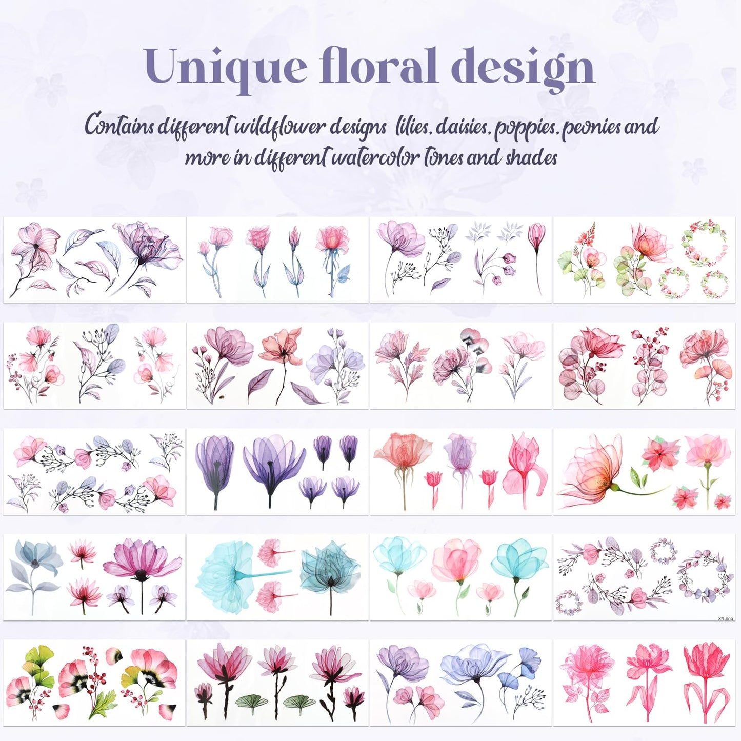 Jeffdad 20 Sheets Flowers Temporary Tattoos Stickers, Watercolor Floral Fake Tattoos for Women's Body Art Arm Back