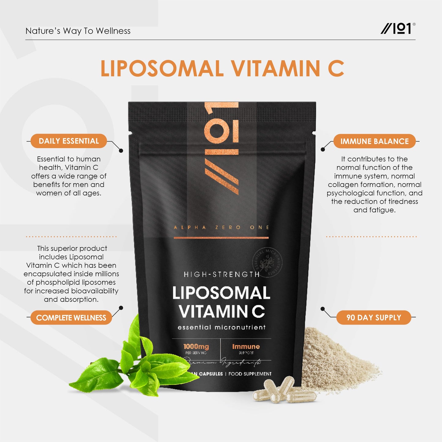 ALPHA01 Liposomal Vitamin C 1000mg - 90 Vegan Capsules - High Strength Immune Support – Resealable and Recyclable Pouch by Alpha01