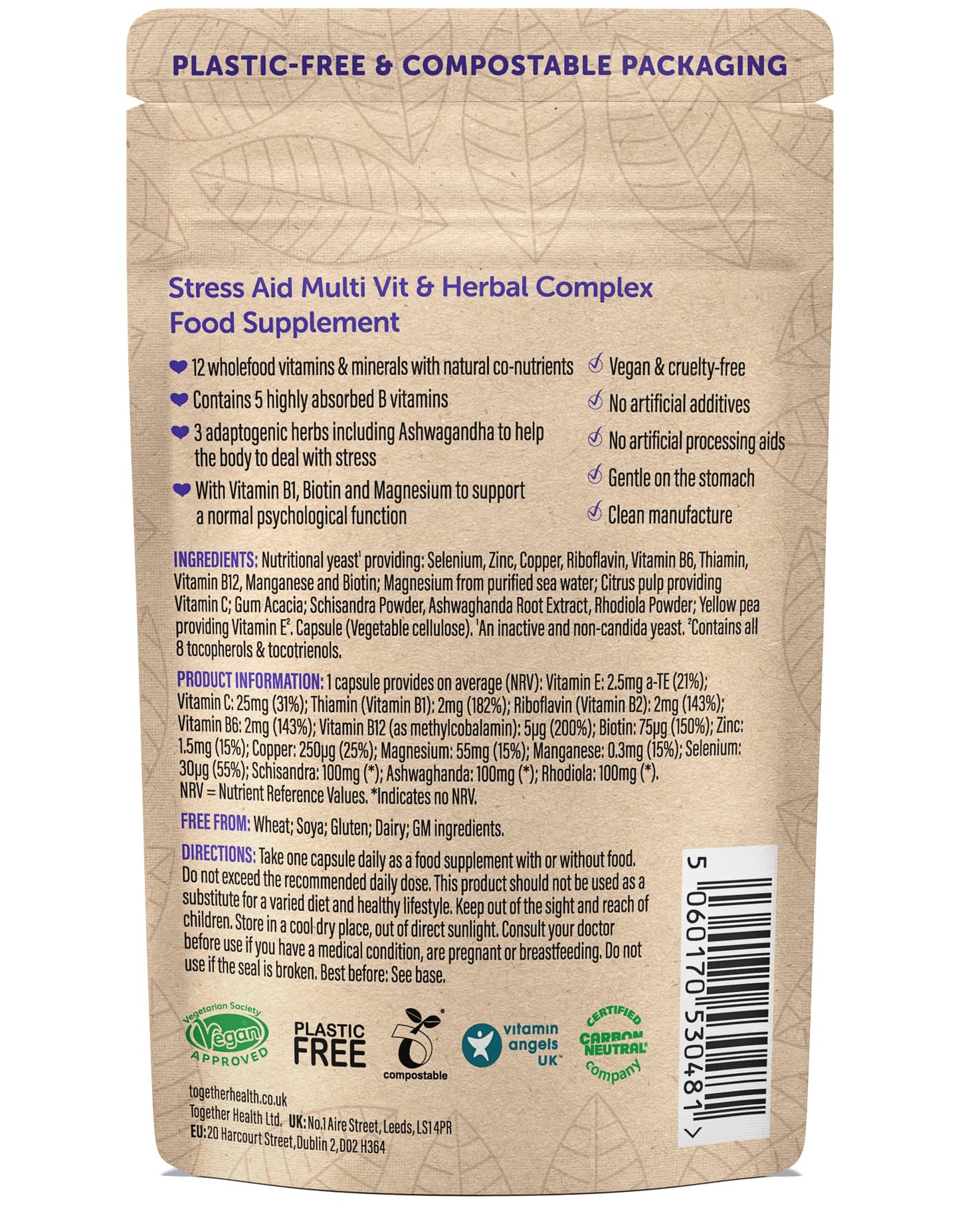 Stress Aid Complex – Together Health – 5 Essential B Vitamins – Schisandra, Ashwagandha & Rhodiola – Ocean-Sourced Magnesium – Vegan Friendly – Made in The UK - 150 Vegecaps