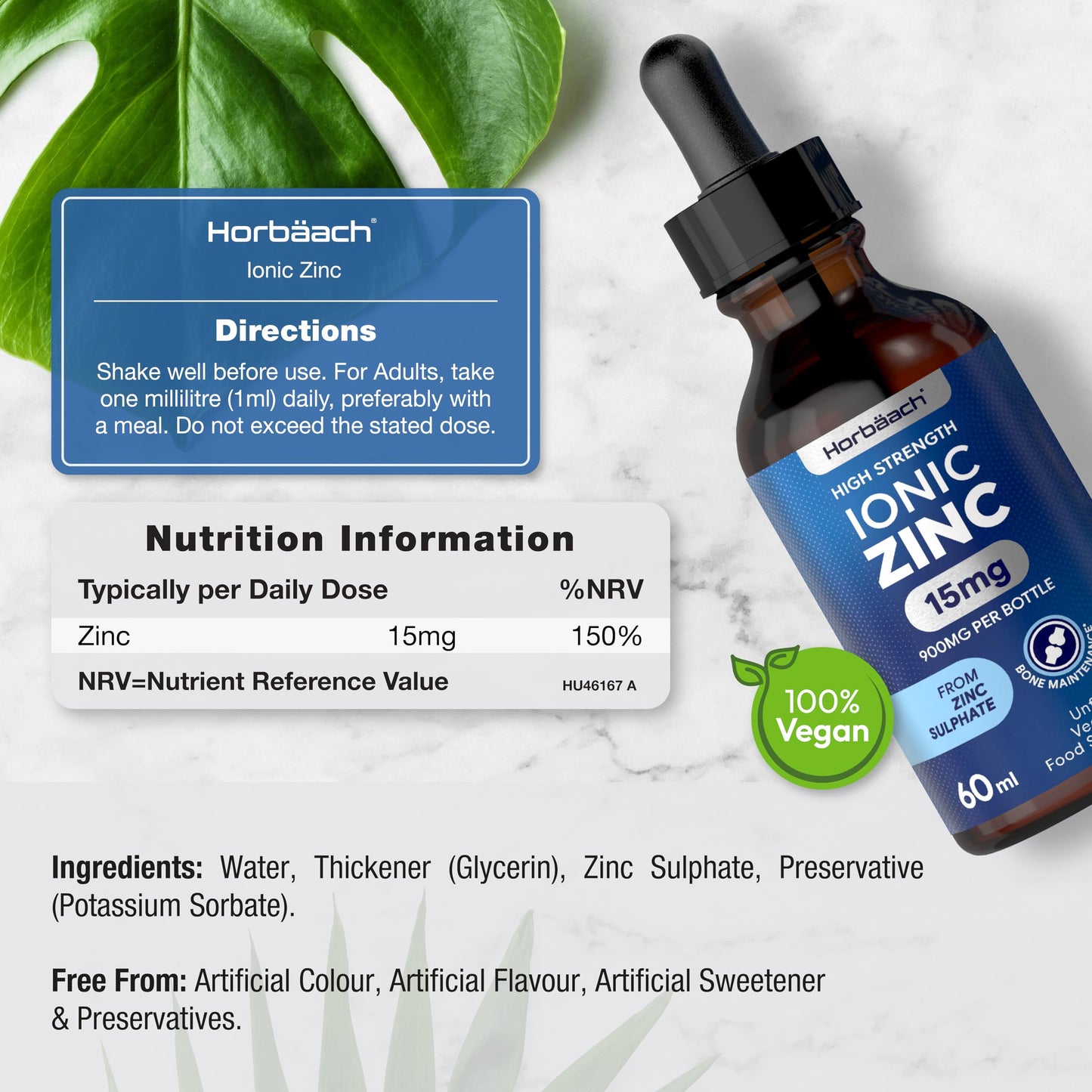 Ionic Zinc Liquid | High Strength 15mg Zinc Supplement from Zinc Sulphate | 900mg Per Bottle - 60ml Liquid Drops | Suitable for Vegetarians & Vegans | by Horbaach