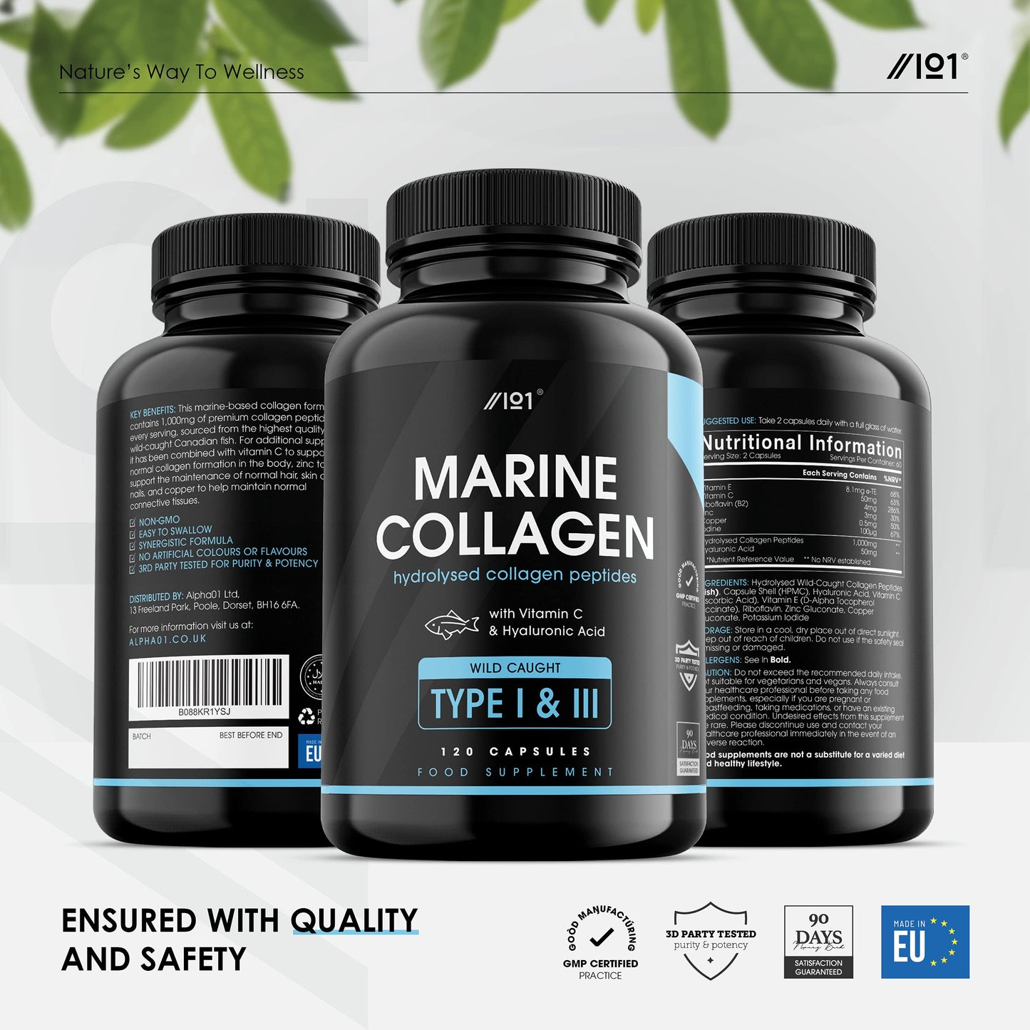 Marine Collagen 1000mg | 240 High Strength Capsules - Wild-Caught Type 1 Hydrolysed Marine Collagen Made with Vitamin C, E, B2, Zinc, Copper, Iodine & Hyaluronic Acid, by Alpha01®