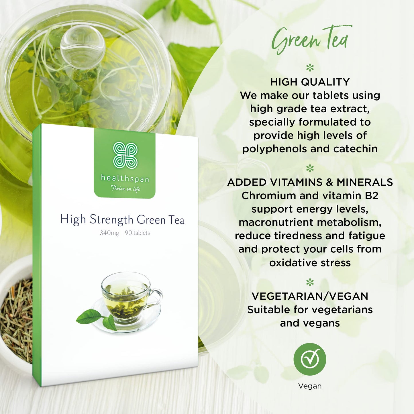Healthspan Green Tea | High Strength | 90 Tablets | Chromium | Vitamin B2 | 323mg of Polyphenols | 155mg of Catechin Epigallocatechin Gallate (EGCG) | Vegan