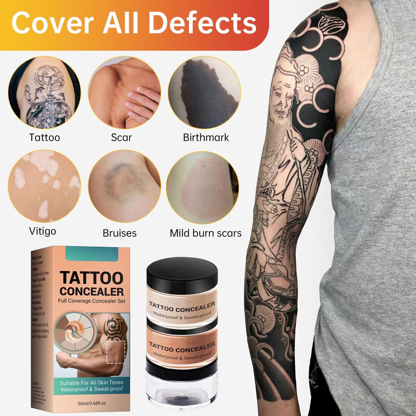 HERBINSOLS Tattoo Cover Up Makeup - Body Coverage Perfector Waterproof - Tattoo Concealer Full Coverage - Natural Body Concealer with 2 Colors
