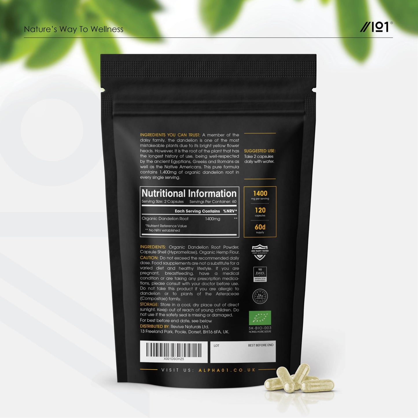 Organic Dandelion Root 1400mg - High Strength Taraxacum Officinale - Non-GMO, Gluten Free, Halal. ֿ120 Vegan Capsules