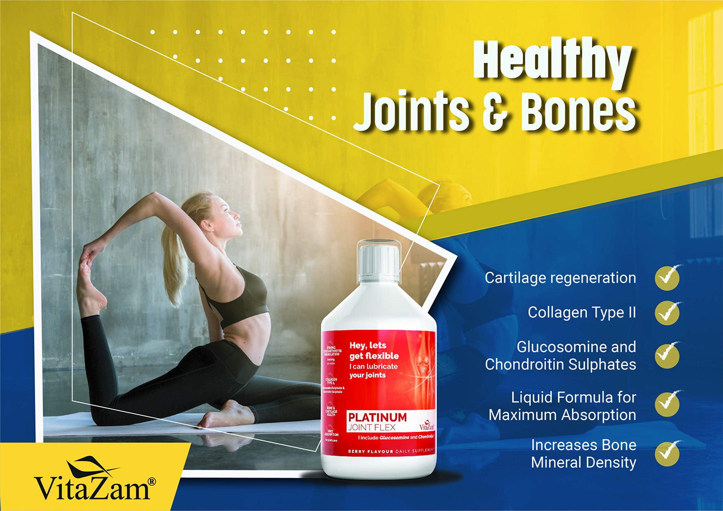 VitaZam Glucosamine and Chondroitin High Strength Platinum Joint Flex 500 ml Liquid MSM, Chondroitin Sulphates with Strong Osteoarthritis Formulation for Bones and Joint Health, Berry Flavour