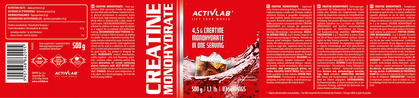Activlab Creatine Monohydrate - 500g Jar | Optimum Nutrition Pre-Workout 83 Servings | Creatine Powder for Muscle Growth- Cola Flavor