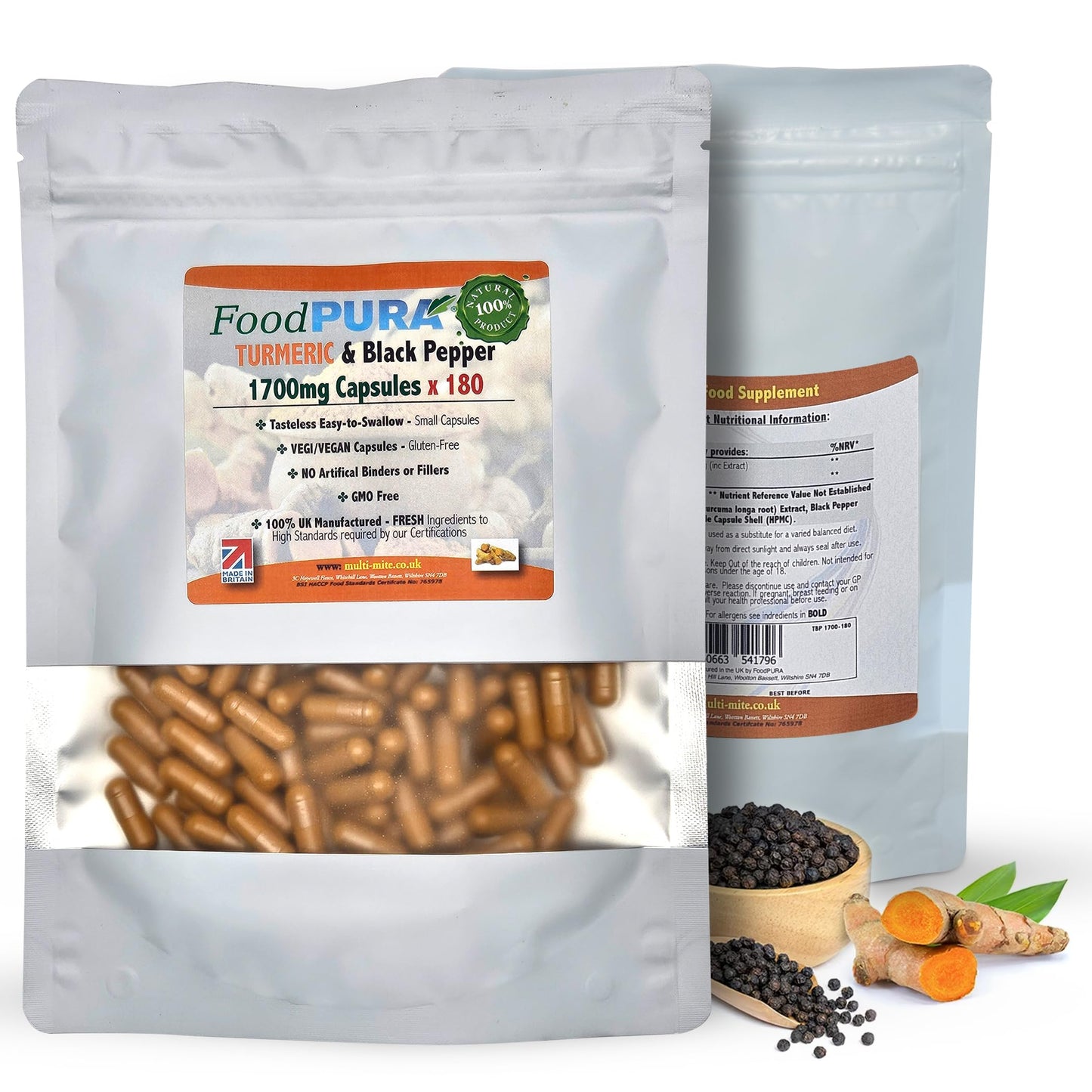 FoodPURA Turmeric with Black Pepper Capsules High Strength 1700mg HACCP Certified, Manufactured in The UK by FoodPURA 1 Pack of 180 Capsules