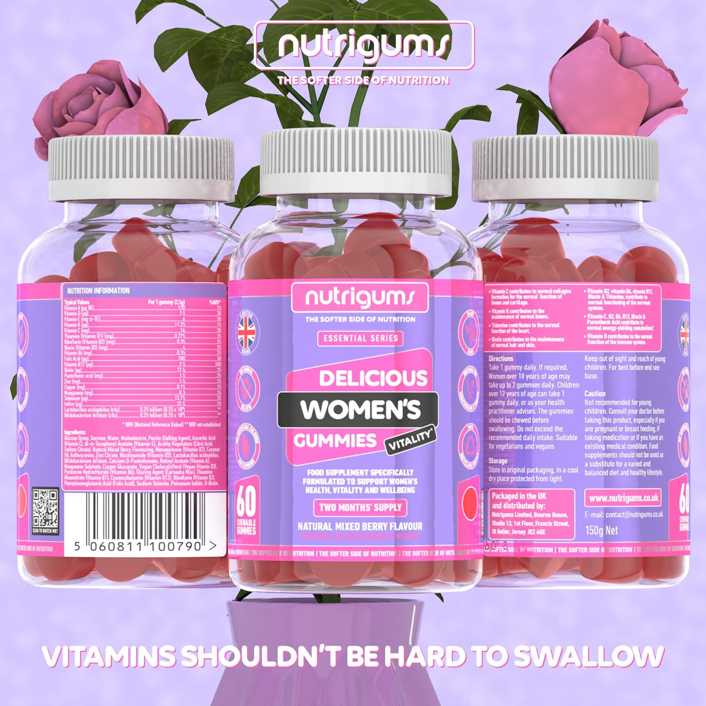 Women's Vitality | Multivitamins + Probiotics 60 Vegan Gummies | Contains 19 Active Nutrients. Gut, Bones, Energy, Hair, Skin, Vision & Immunity. Suitable for 12+ Years by NUTRIGUMS®