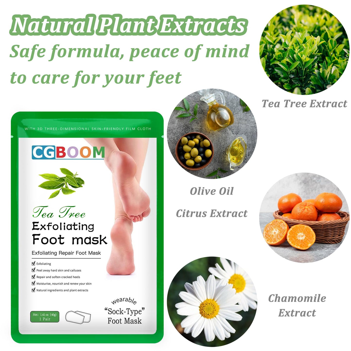 CGBOOM 3 Pack Foot Peel Mask Exfoliating Foot Mask Feet Peeling Socks Foot SPA Treatment for Baby Soft Feet Hard Dead Skin Remover Callus Repair Rough Cracked Heels (Tea Tree)