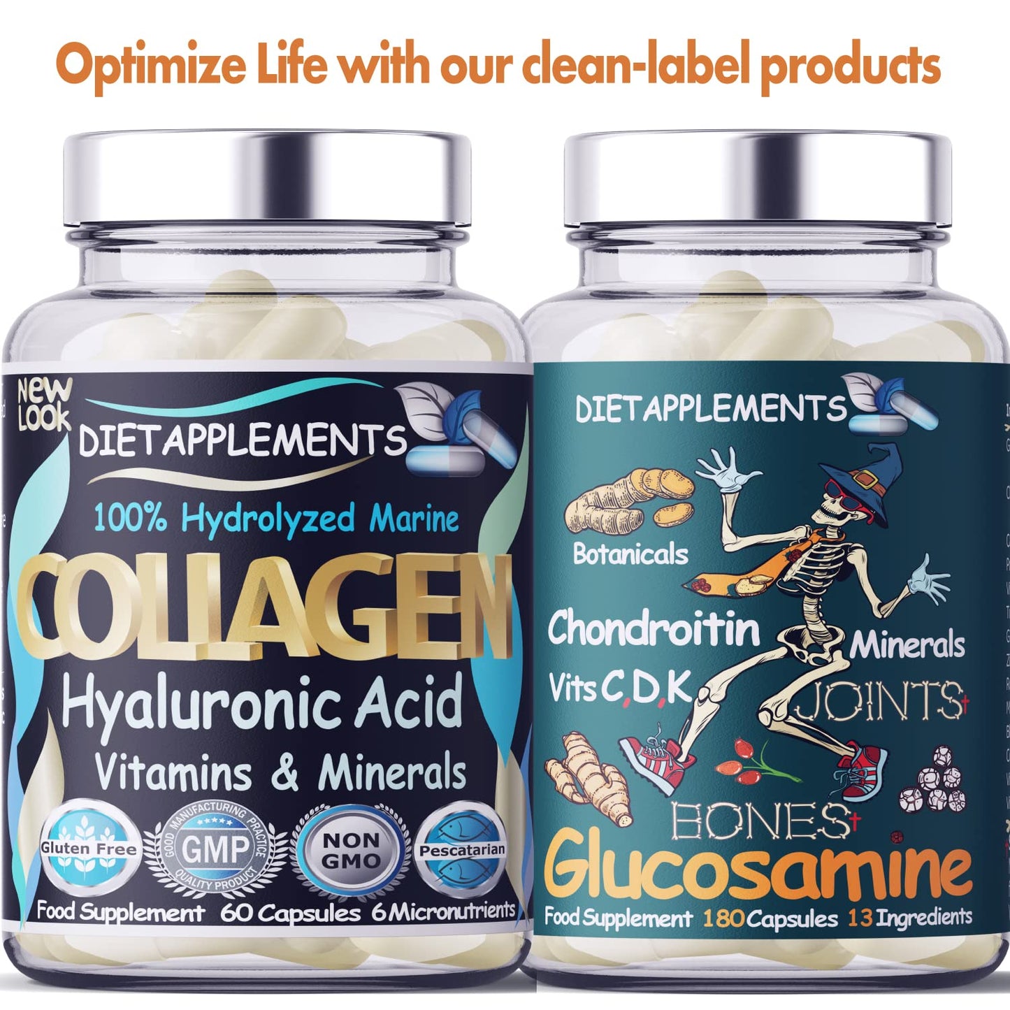 Marine Collagen Type 1&3 1000mg, Hyaluronic Acid 200mg/serving; Vitamin C, Zinc, Copper for Immune System; E, B2, Iodine. Hydrolyzed Peptides Supplement. Skin, Hair, Nails & Bones Support. 1 Bottle.