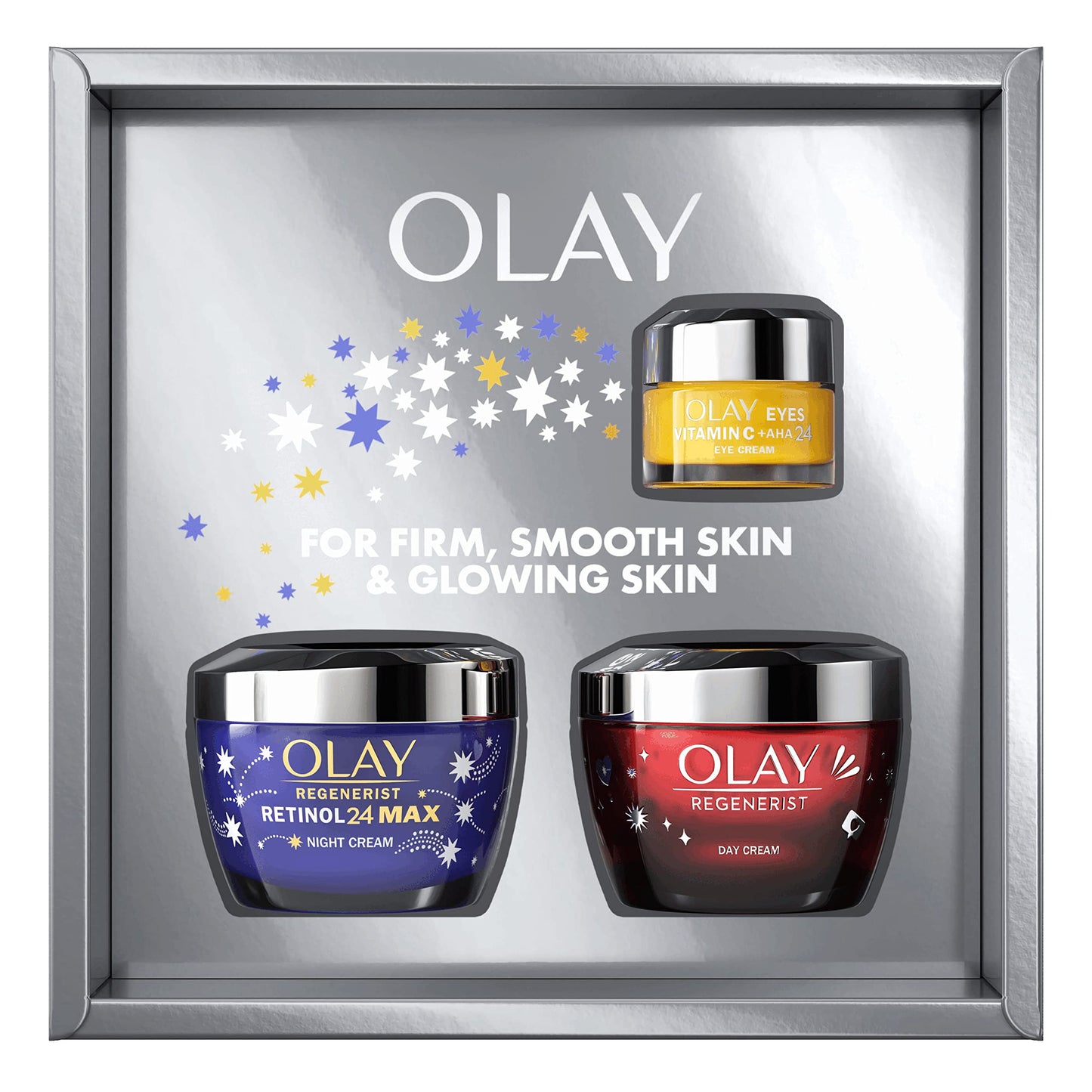Olay Moisturiser Gift Box, Womens Skin Care Gift Sets & Kits, Vitamin C + AHA 24 Eye Cream 15ml, Retinol 24 MAX Night Cream 50ml & Regenerist Face Cream 50ml for Smooth & Glowing Skin