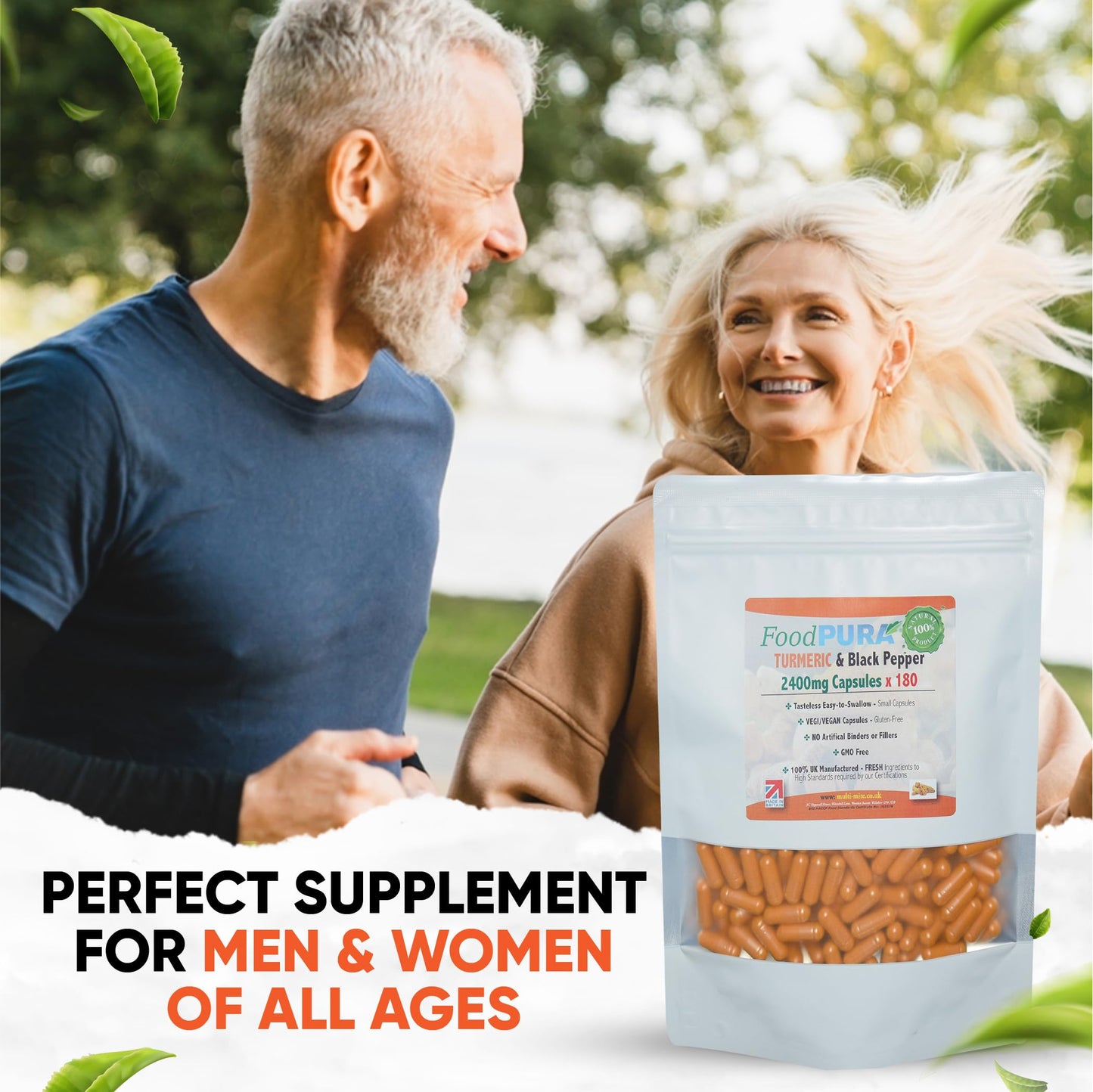 FoodPURA Turmeric with Black Pepper Capsules High Strength 2400mg HACCP Certified, Manufactured in The UK by FoodPURA 1 Pack of 180 Capsules