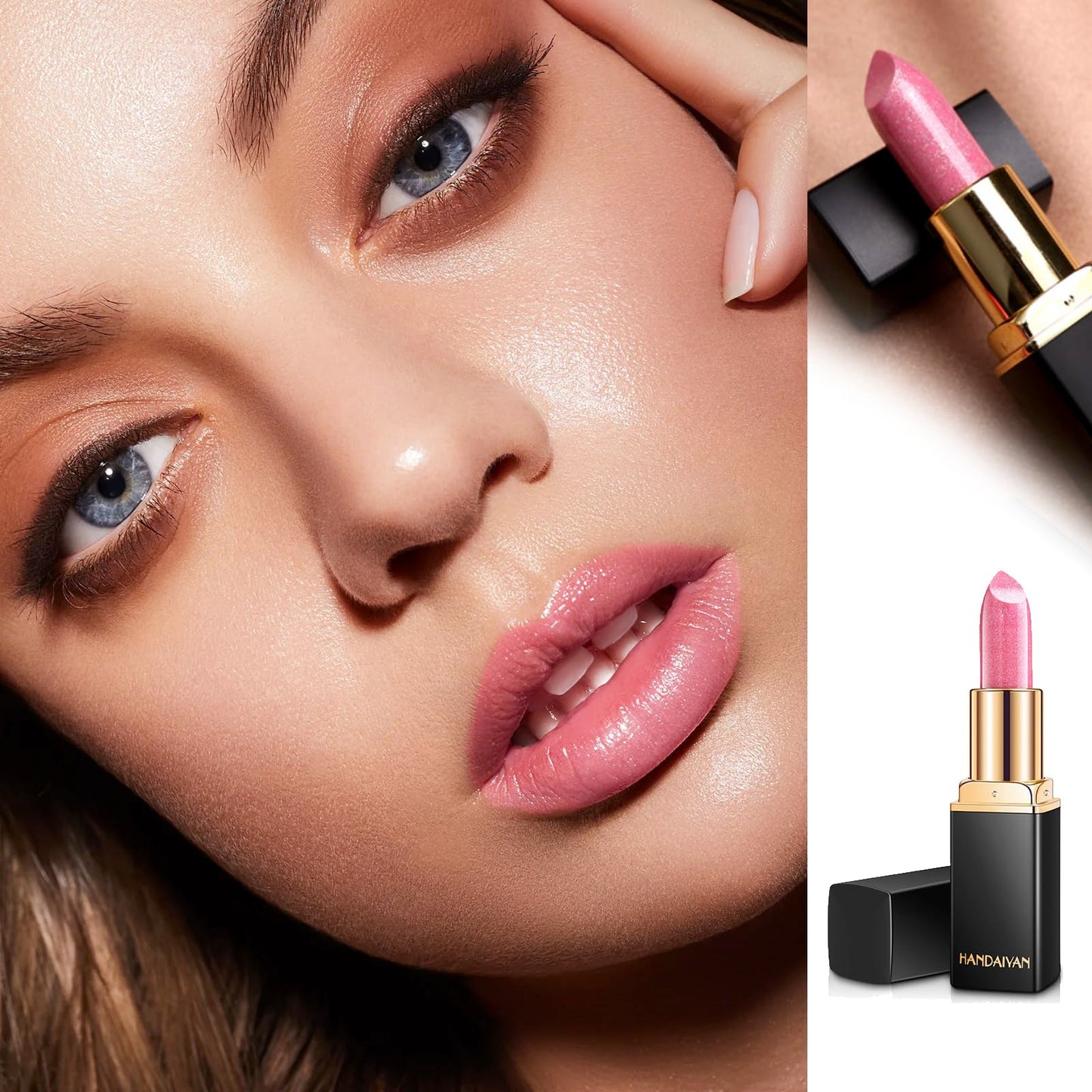 HAORQEE Pink Lipstick, Glitter Metallic Shimmer Lipsticks, Colour Changing Long Lasting Non-stick Cup Bright Pink Moisturizing Waterproof Sparkle Gift for Women Girls