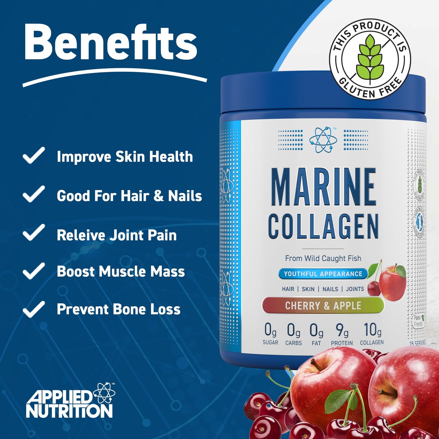 Applied Nutrition Marine Collagen Powder - Hydrolysed Collagen Protein, Healthy Skin, Hair, Nails (Cherry & Apple) (300g - 25 Servings)