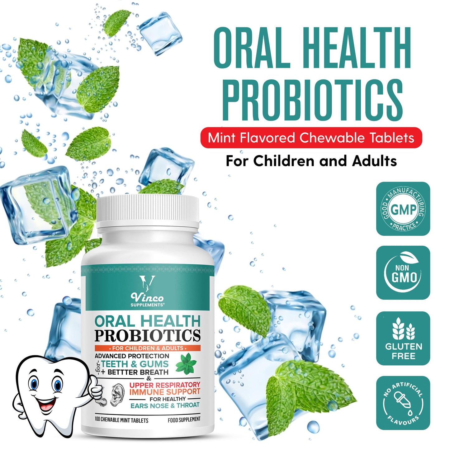Vinco Advanced Oral Probiotics for Healthy Teeth, Gums, & Fresh Breath - Adults & Kids Immune Support for Ear, Sinus & Throat with BLIS K12 BLIS M18-100 Chewable Tablet - Fresh Mint - Made in The UK