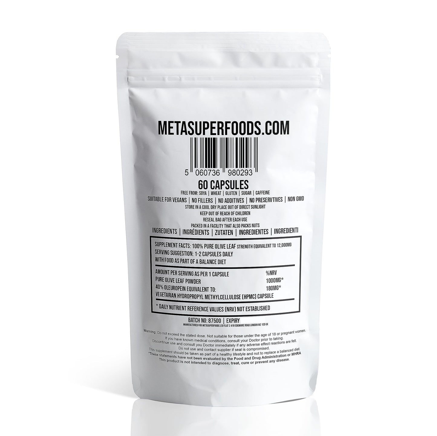 MetaSuperfoods Olive Leaf | 60 Capsules | Super Strength | OLEUROPEIN 40% | (1000mg per Capsule Equivalent to 10,000mg) | Vegan | NO FILLERS NO Binders | Non GMO | Made in UK 100% Olive Leaf (60)