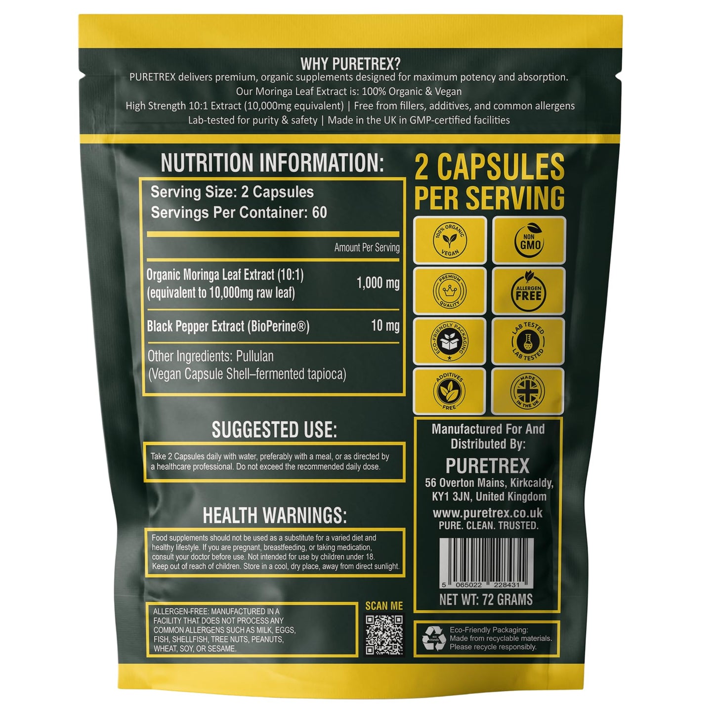 Puretrex Moringa Leaf Extract Capsules 10,000mg Equivalent 10:1, 120 Count, High Strength Organic Moringa Oleifera, BioPerine Black Pepper, Natural Energy Immunity Vitality Support, Vegan, Made in UK
