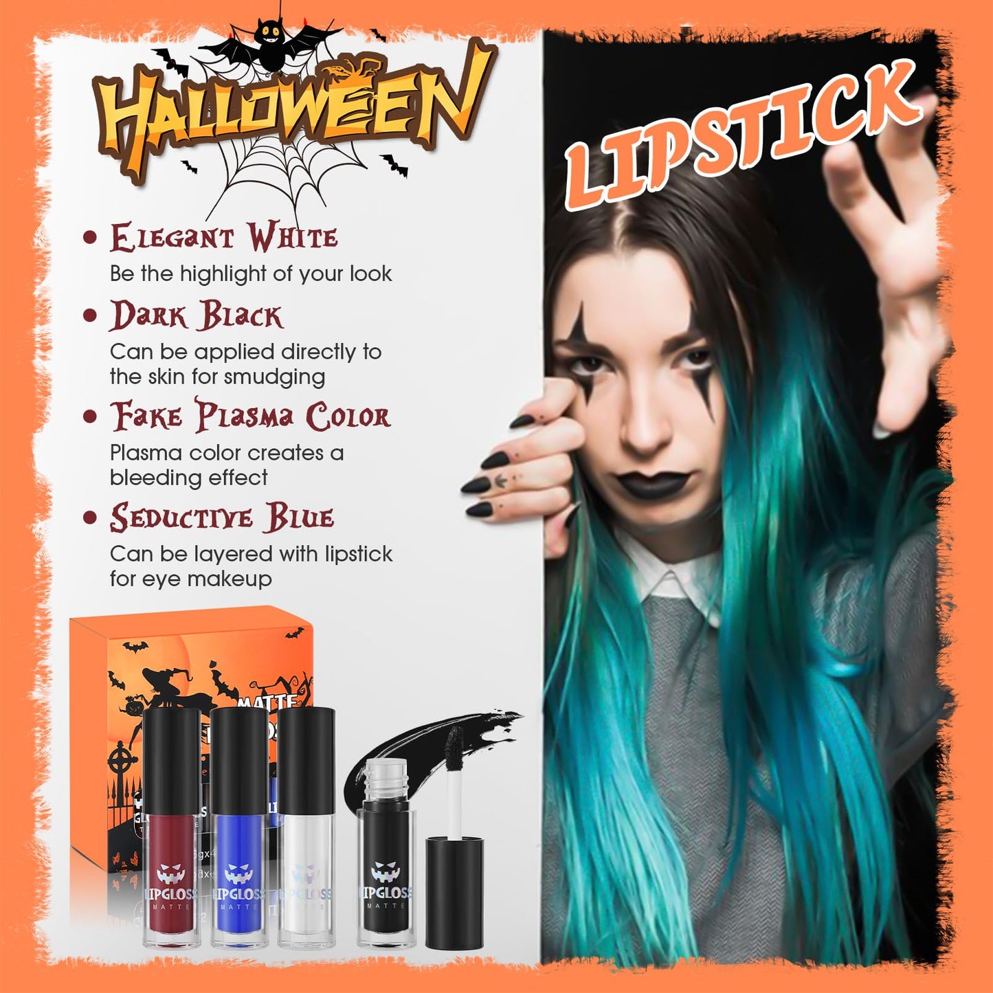 Allony Halloween Lipstick, Black/white/Red/Blue Lipstick Halloween, Goth Makeup Set, Black Lipstick Matte, Matte Lip Gloss Set for Halloween, Christmas, Dance Drama, Parties