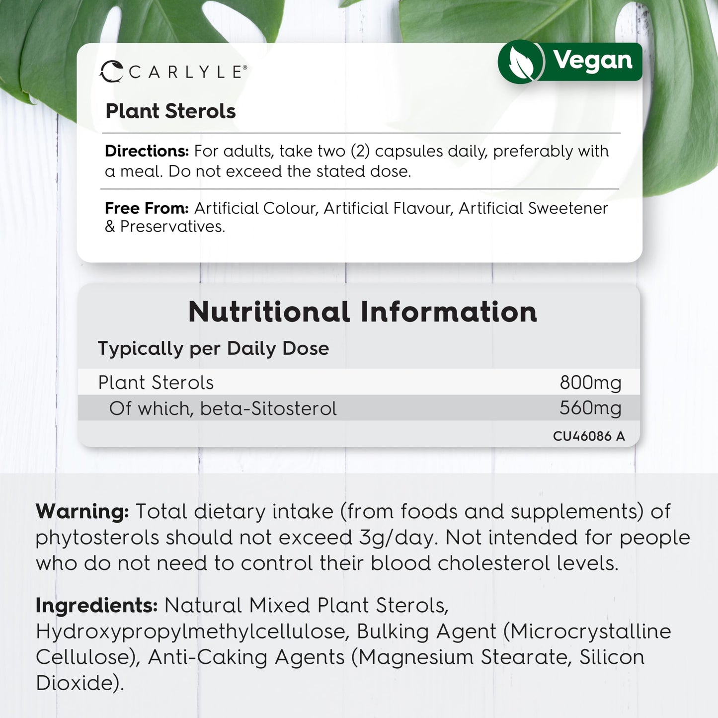 Plant Sterols 800mg | 90 Capsules | High Strength Supplement with Beta-Sitosterol | Vegan and Vegetarian | No Artificial Preservatives | by Carlyle