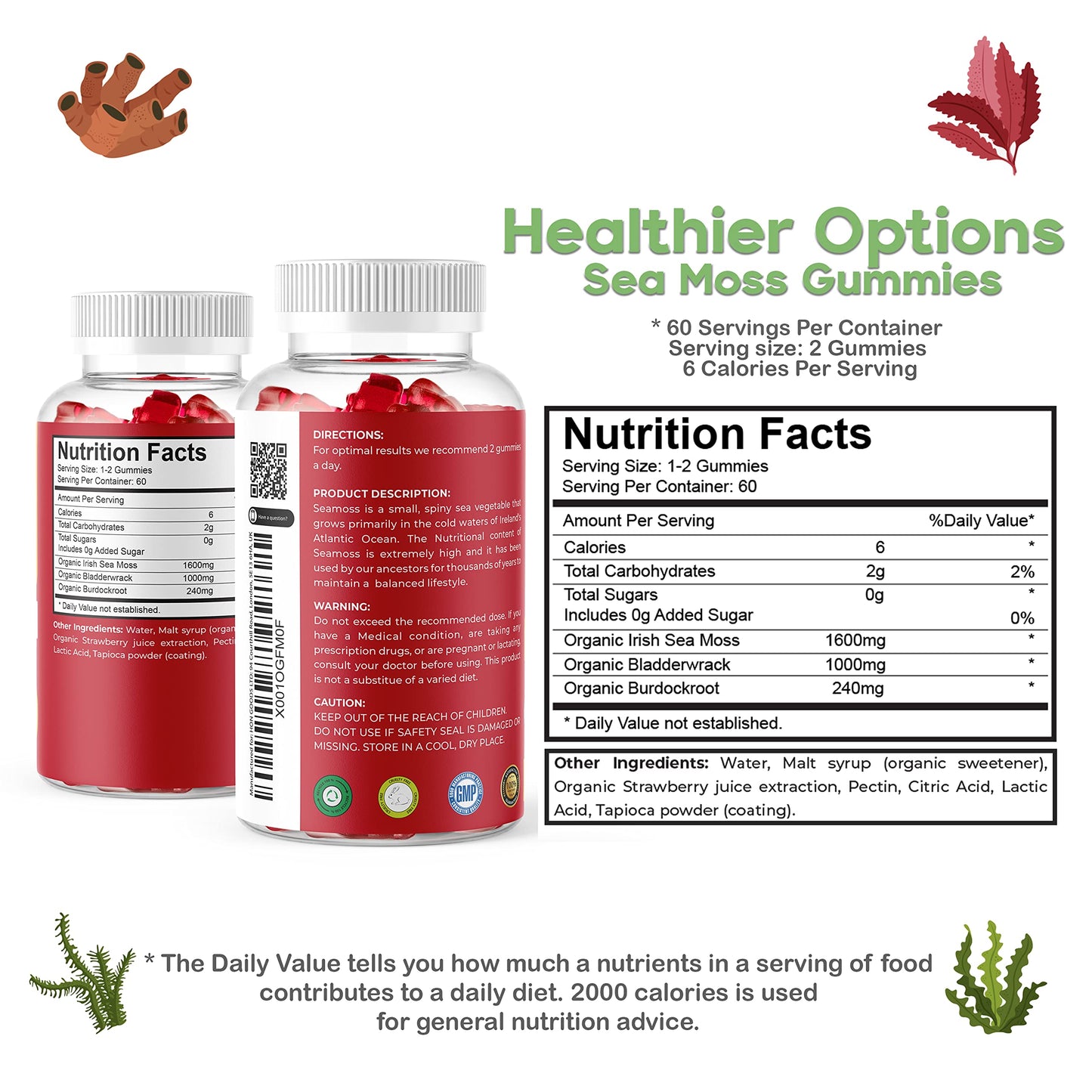 Healthier Options Irish Sea Moss Gummies with Bladderwrack & Burdock Root 5680 Mg | 60 Gummies | Apple Flavour | Vitamins & Minerals | Organic, Natural, Vegan, Gluten Free, Non GMO, High Strength