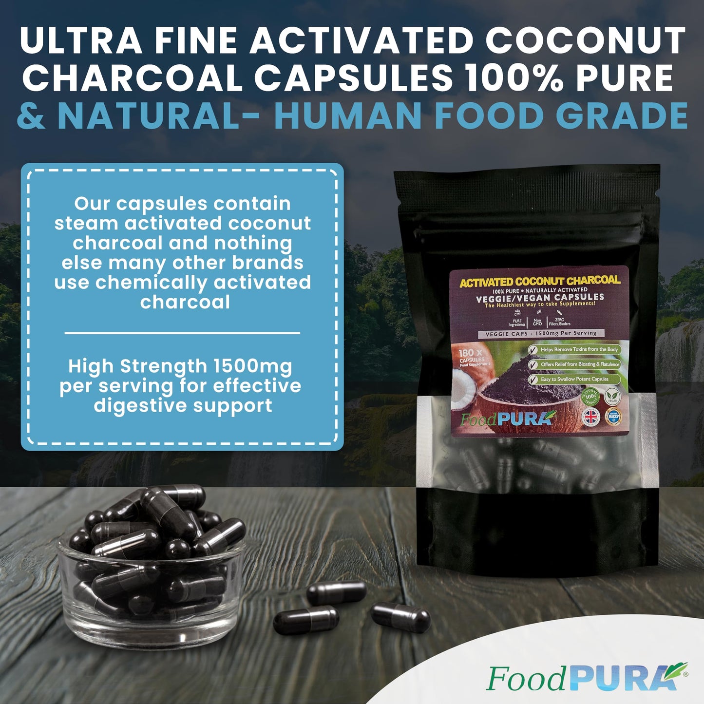 FoodPURA Coconut Activated Charcoal Capsules 1500mg x 180 100% Natural Vegan Digestive Supplement Reduces Bloating & Flatulence After Eating (180)