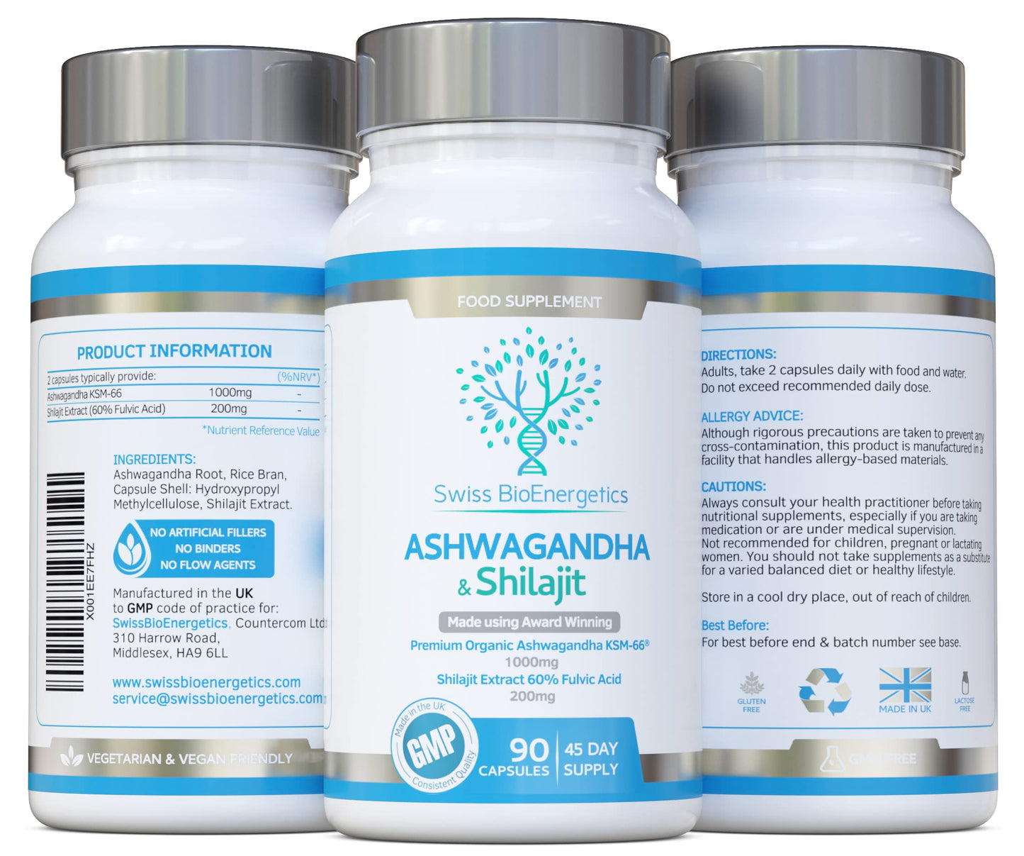 swiss bioenergetics Ashwagandha & Shilajit - Award Winning Ashwagandha KSM-66 1000mg & Purified Shilajit Extract 200mg (60% Fulvic Acid) - No artificial fillers, binders or flow agents - Suitable for Vegans