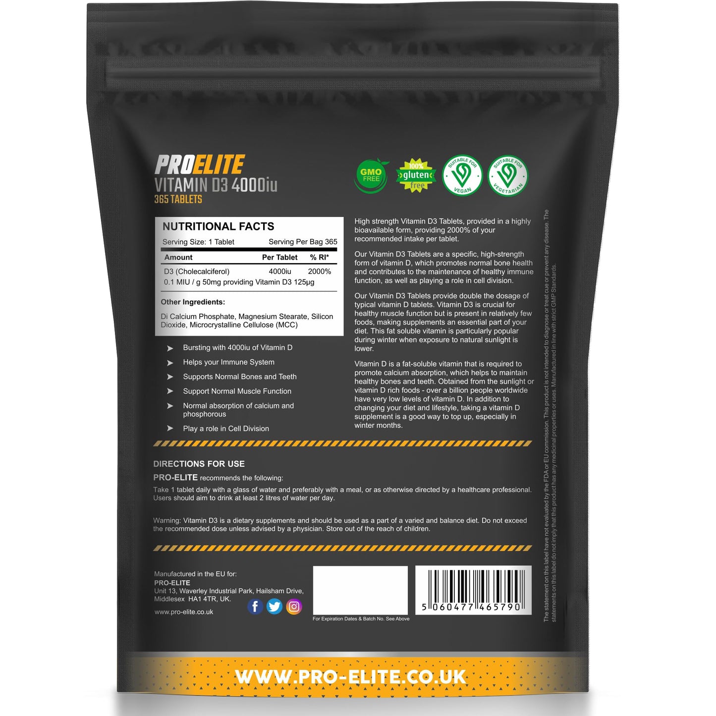 Vitamin D3 4000 iu - Vitamin D Tablets - 1 Year Supply 365 Tablets - Vegan - Vitamin D Supplements - Immune System Booster - Made in The UK - Gluten Free by PROELITE