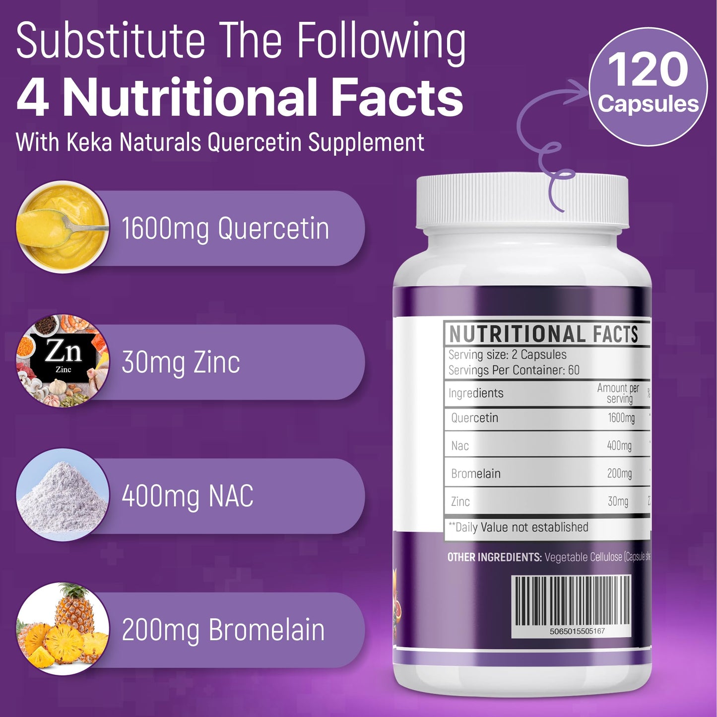 Quercetin with Bromelain, NAC and Zinc - Powerful Quercetin Blend - 2230mg per Serving - Immune & Respiratory Support - Non-GMO, Gluten-Free, Vegan - 120 Veggie Caps