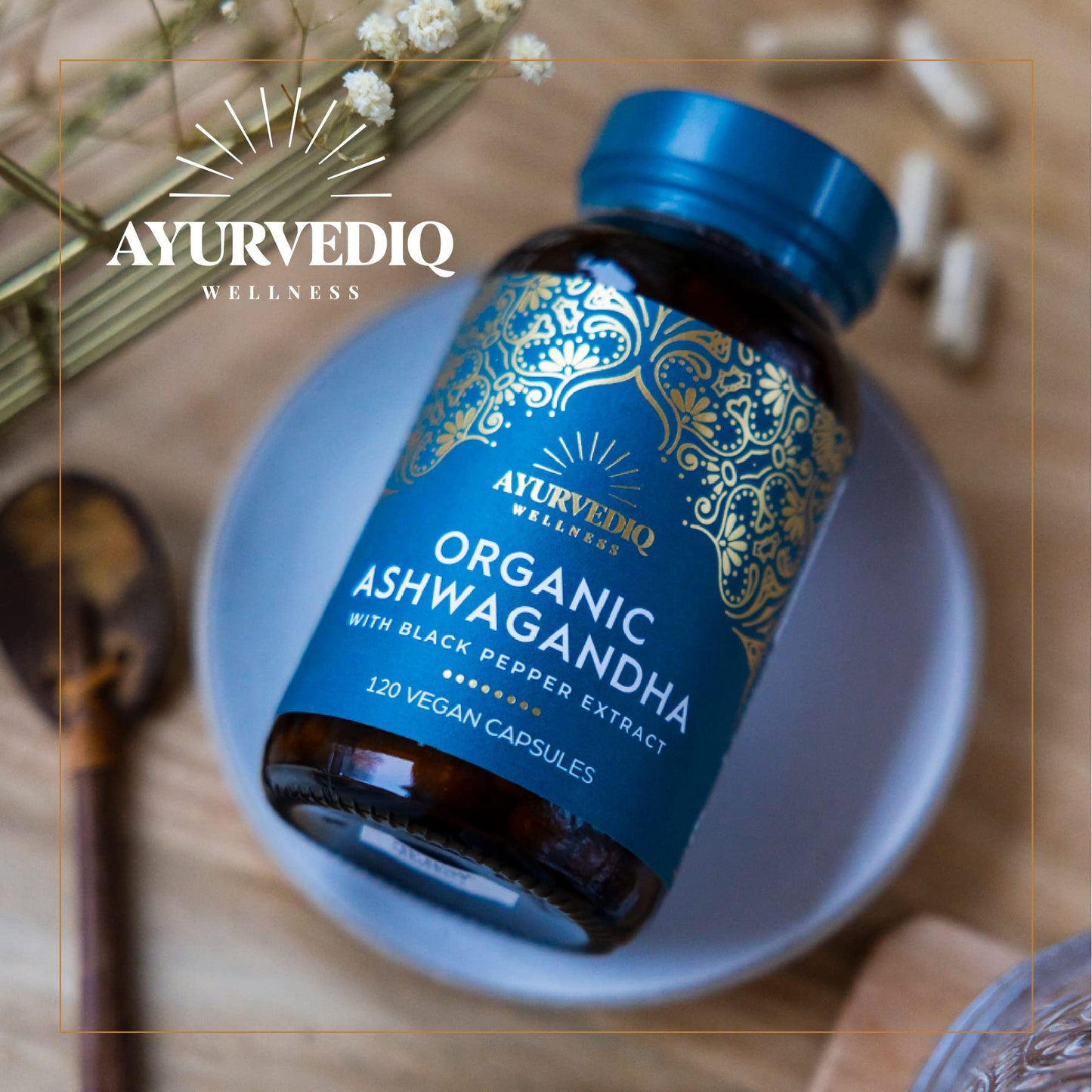 AYURVEDIQ WELLNESS Ayurvediq Wellness, 120 caps Ashwagandha Organic Capsules with Black Pepper Extract, Ayurveda Products, Herbal Supplements, Vitamins, Iron & Protein, Gluten Free, Dairy Free, Vegan