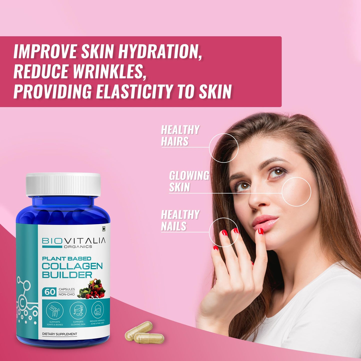 BIOVITALIA ORGANICS Biovitalia Plant Based Collagen Builder Capsule with Biotin & Vitamin C | Dietary Supplement for Men & Women | Promotes Glowing & Youthful Skin | Supports Joints & Bones - 60 Vegan Capsules
