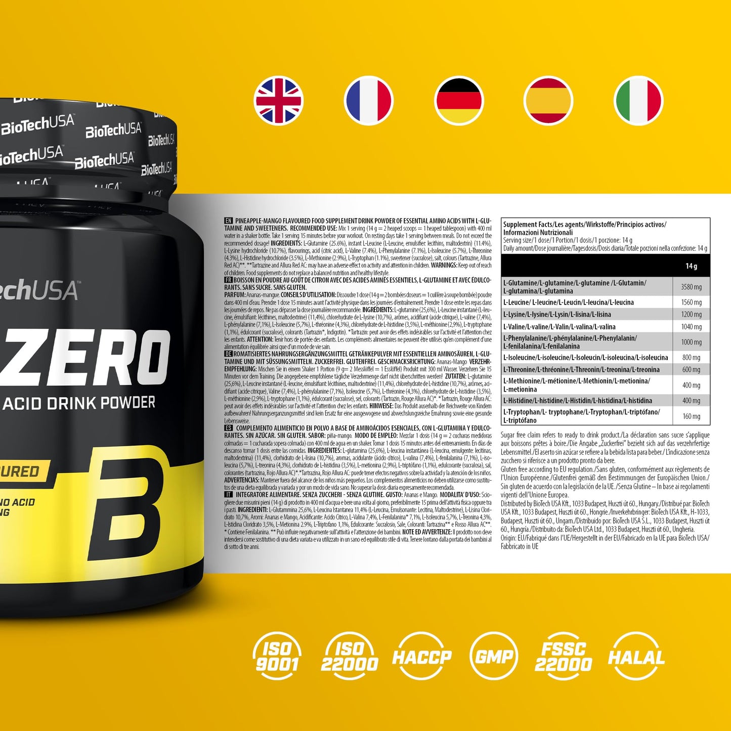 BioTechUSA EAA Zero - Essential Amino Acid Power | 7160mg EAA/serv. | WHO Recommended Ratio | Sugar-Free, Gluten-Free, 350 g, Pineapple-Mango