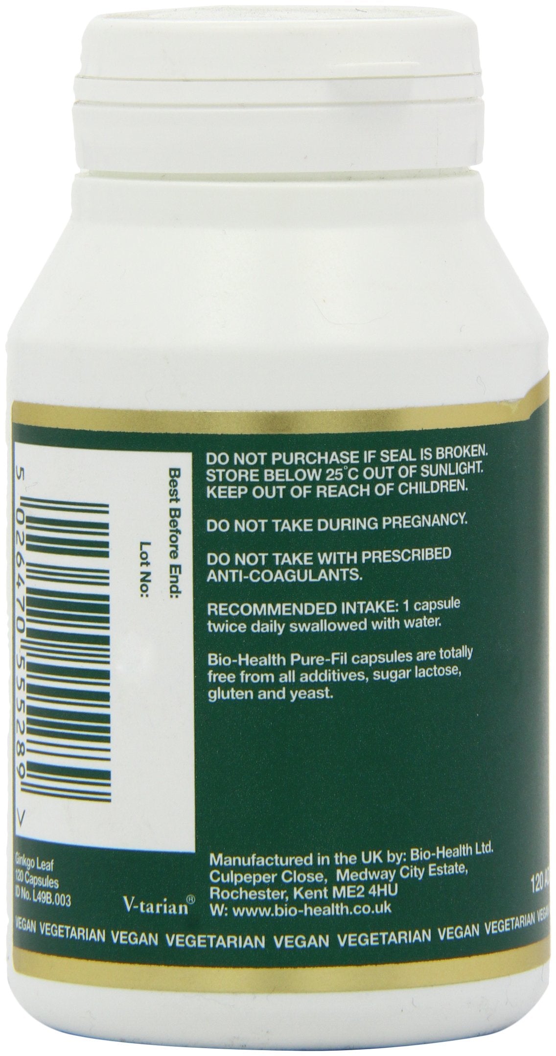 Bio-health Bio-Health Ginkgo Leaf 450mg Pure Herbal Food Supplement, Supports Blood Circulation, Mental Performance and Boosts Energy Suitable for Vegetarians and Vegans, Additive Free, 120 Capsules