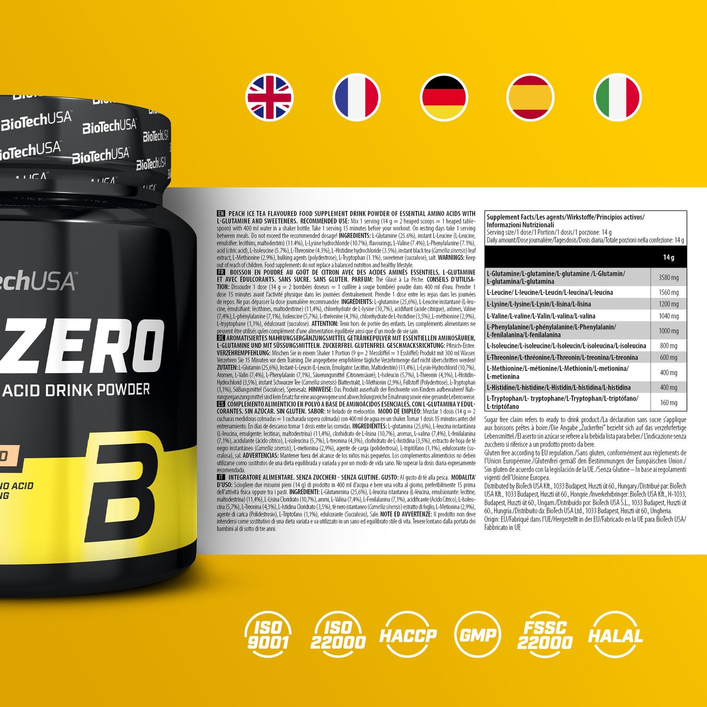 BioTechUSA EAA Zero - Essential Amino Acid Power | 7160mg EAA/serv. | WHO Recommended Ratio | Sugar-Free, Gluten-Free, 350 g, Peach Ice Tea