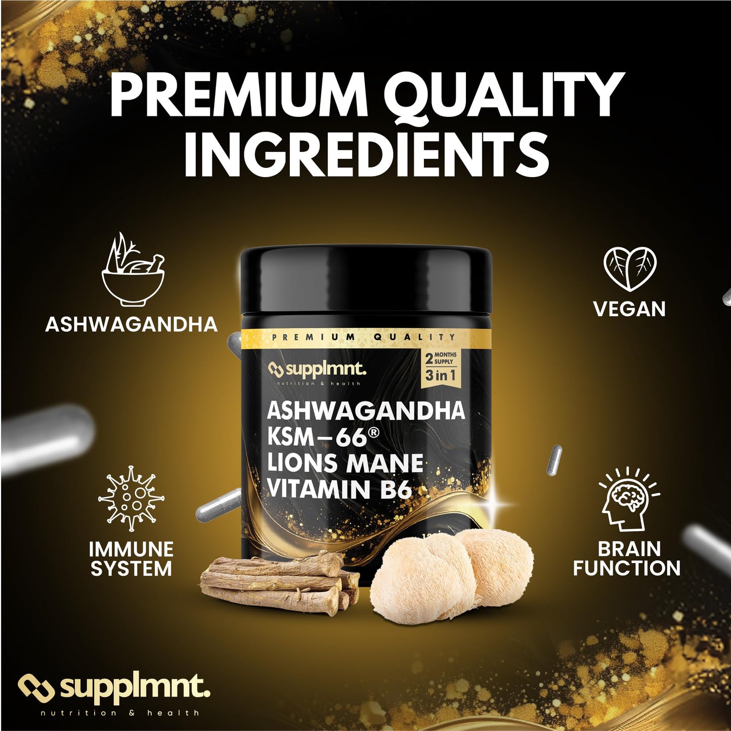 supplmnt. Ashwagandha KSM-66, Lions Mane & Vitamin B6 Capsules - High Strength 2000mg KSM-66 Ashwaghandha Root Extract & Lions Mane Mushroom with Vitamin B6 2-120 Vegan Capsules with Black Pepper - 2 Months