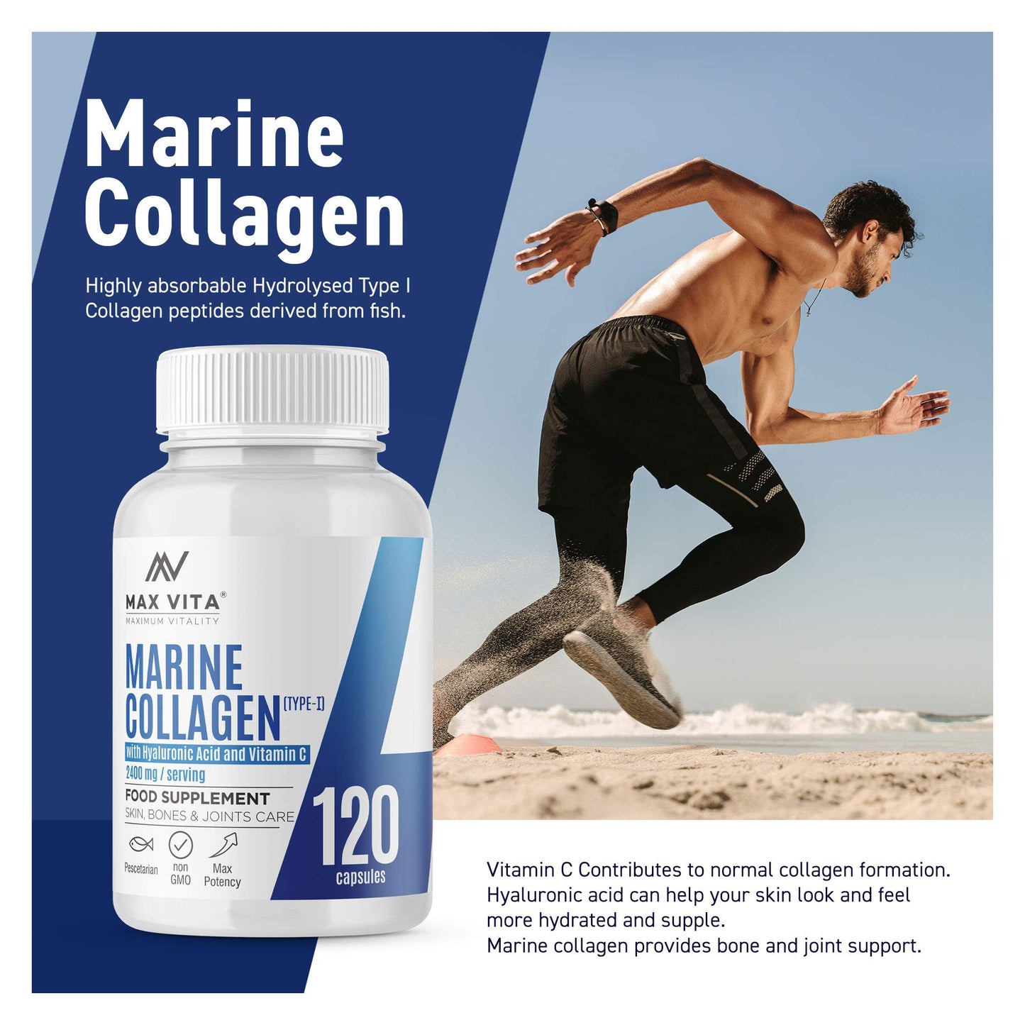 Marine Collagen Type 1 2400mg - 120 Capsules Supplement with Hyaluronic Acid and Vitamin C - High Strength Premium Hydrolysed Collagen Peptides Powder for Healthy Skin Bones & Joints Support