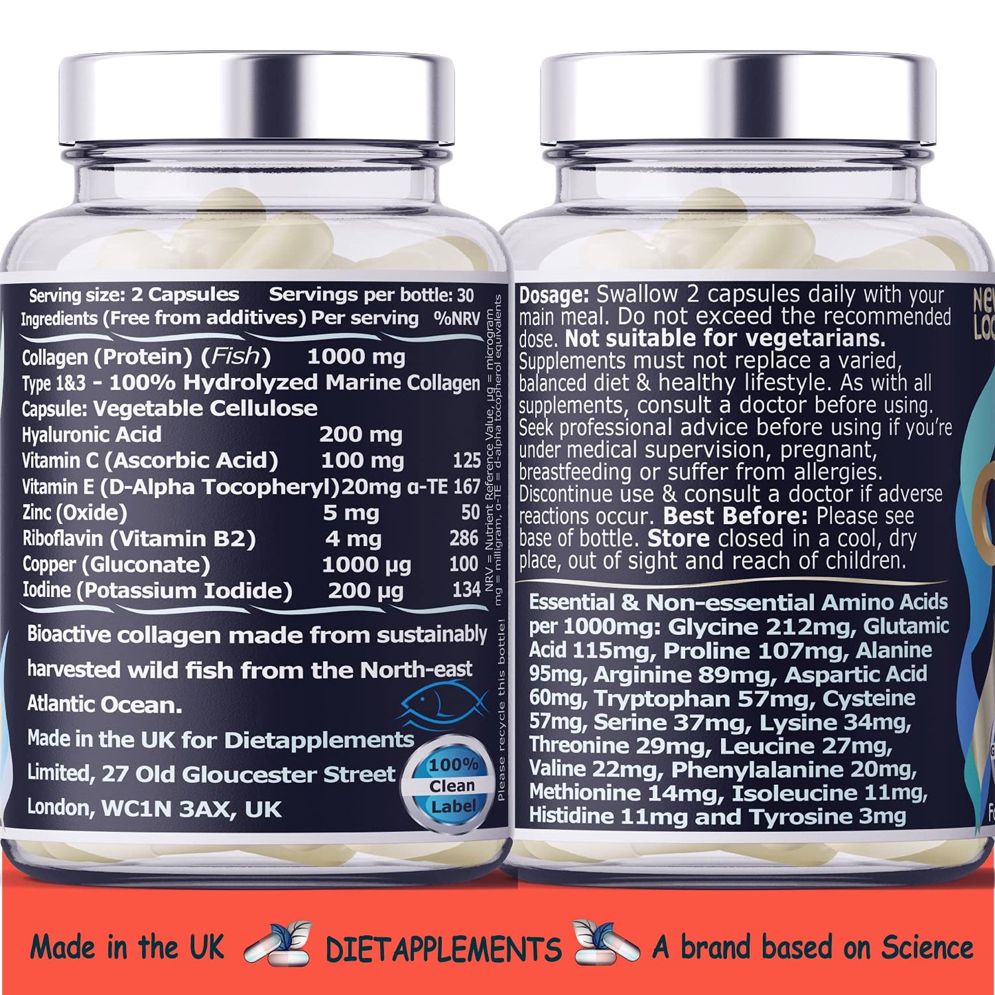 Marine Collagen Type 1&3 1000mg, Hyaluronic Acid 200mg/serving; Vitamin C, Zinc, Copper for Immune System; E, B2, Iodine. Hydrolyzed Peptides Supplement. Skin, Hair, Nails & Bones Support. 1 Bottle.
