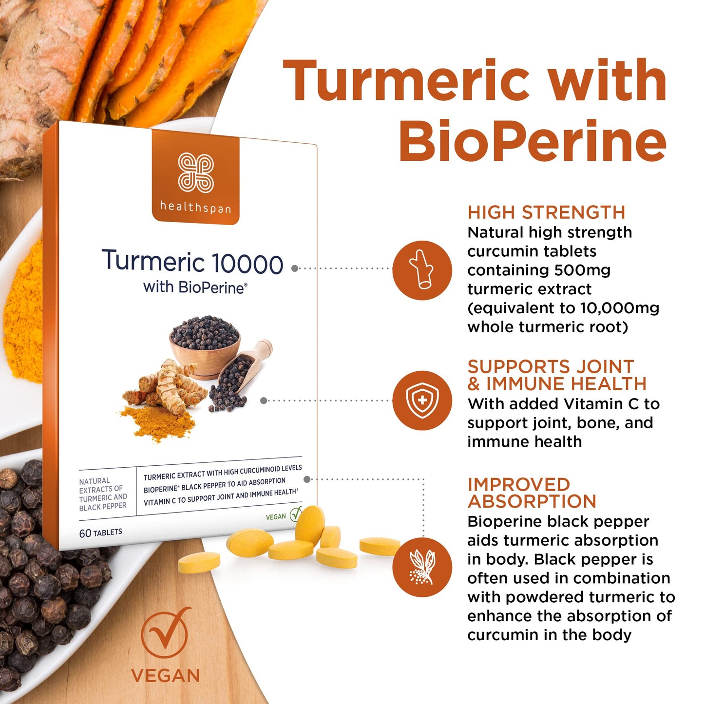 Healthspan Turmeric 10,000mg with BioPerine Black Pepper Extract (2 Months’ Supply) | High Potency Turmeric Extract | Supports Immune, Bone & Cartilage Health | BioPerine aids Absorption | Vegan