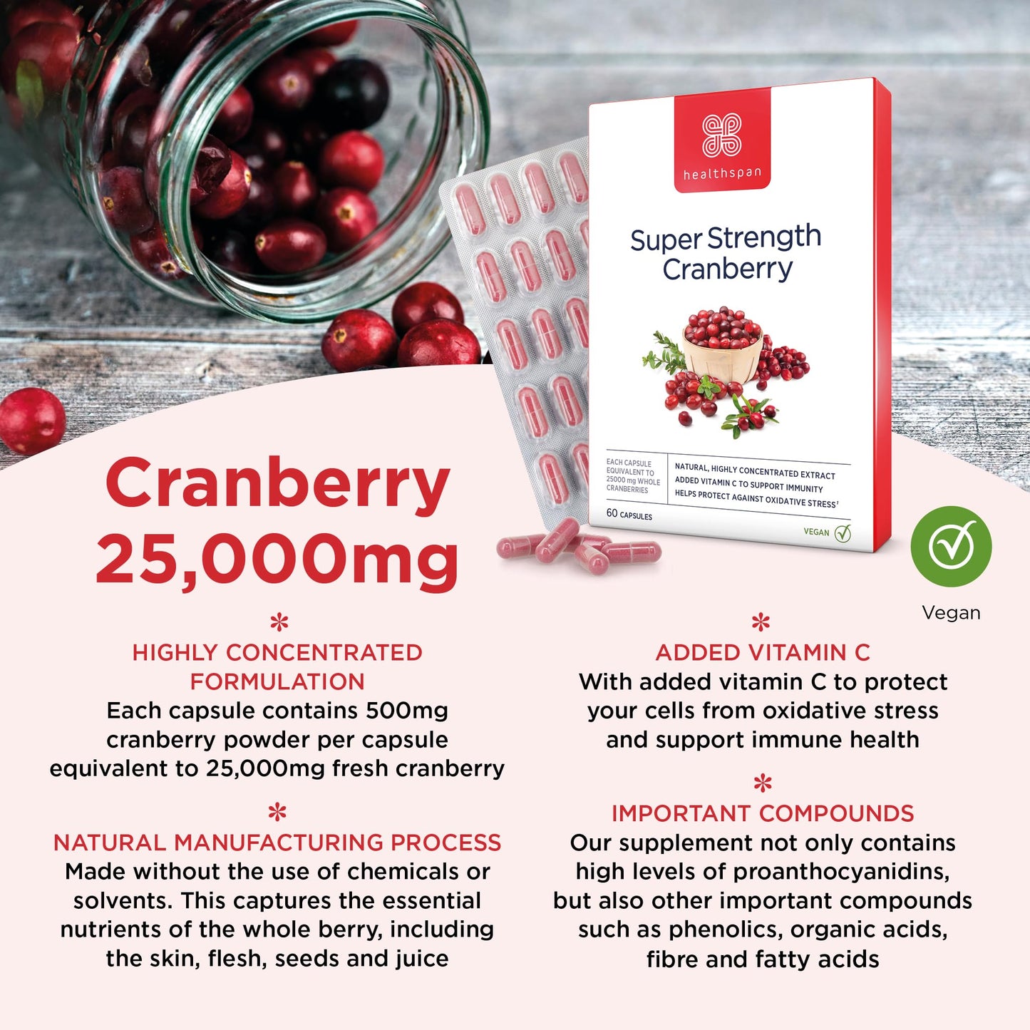 Healthspan Cranberry 25,000mg | 60 Capsules | Immune Health | 40mg Vitamin C | Equivalent to 25,000mg of Whole Fresh Cranberries | Vegan
