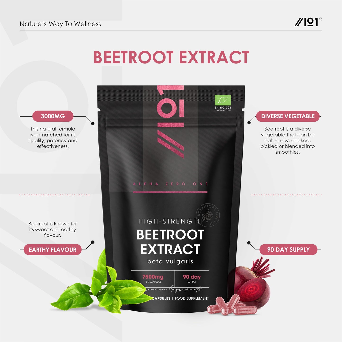 Organic Beet Root Extract 7500mg - 90 Vegan Capsules - Potent Beta Vulgaris Supplement - 3 Months Supply - Resealable and Recyclable Pouch - by Alpha01