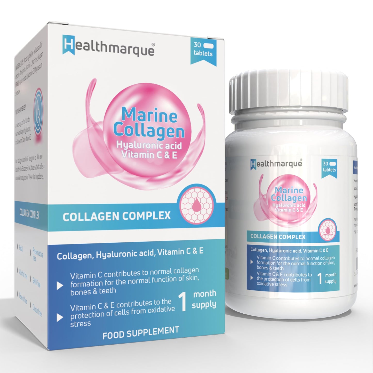 Healthmarque Collagen Complex | Collagen + Hyaluronic Acid + Vitamin C + Vitamin E | Tablets