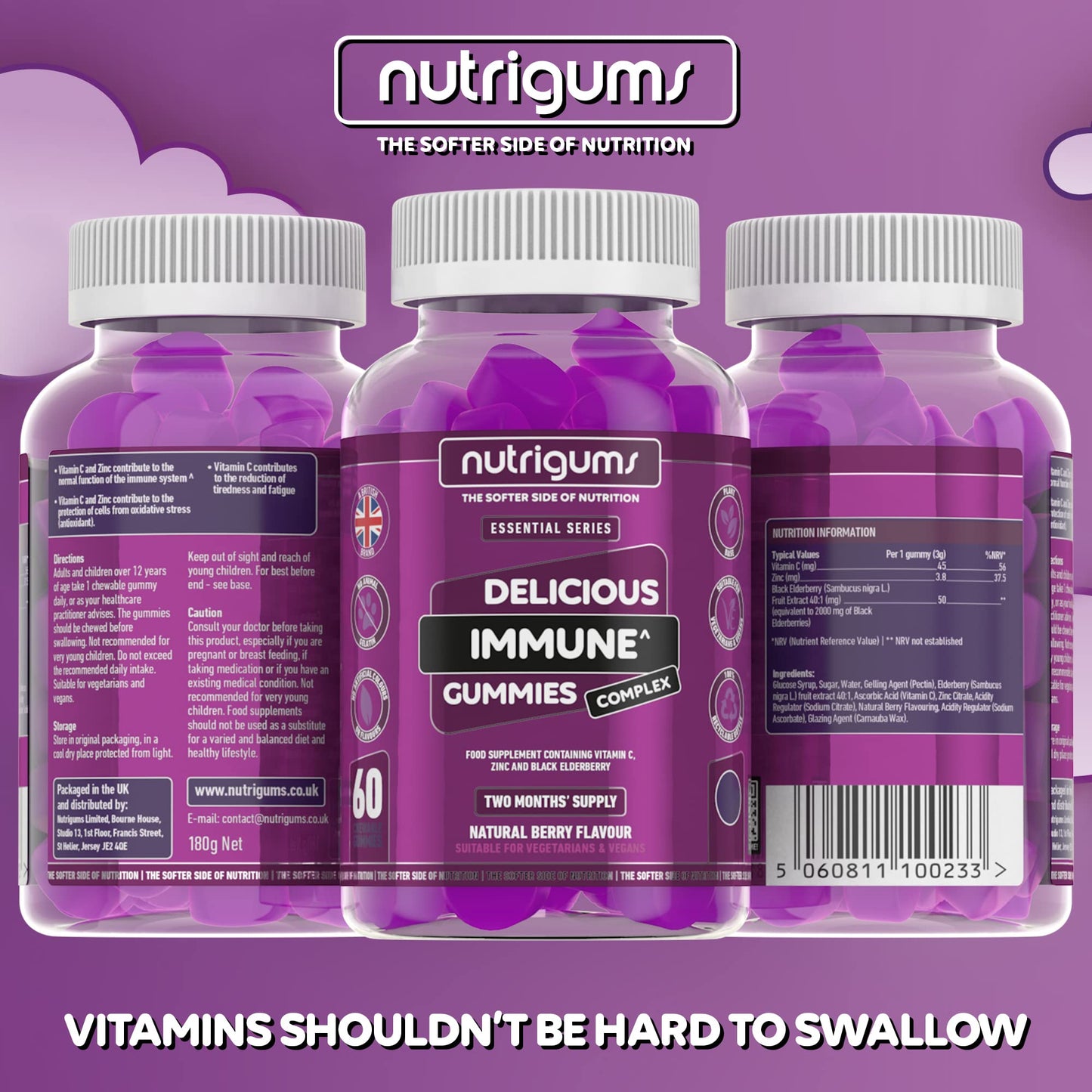 Nutrigums Immune Support 60 Blueberry Flavour Gummies | Two Month Supply | Elderberry Extract 2000mg, Vitamin C 50mg and Zinc 5mg | Vegan Friendly | Suitable for 12+ Years by NUTRIGUMS®