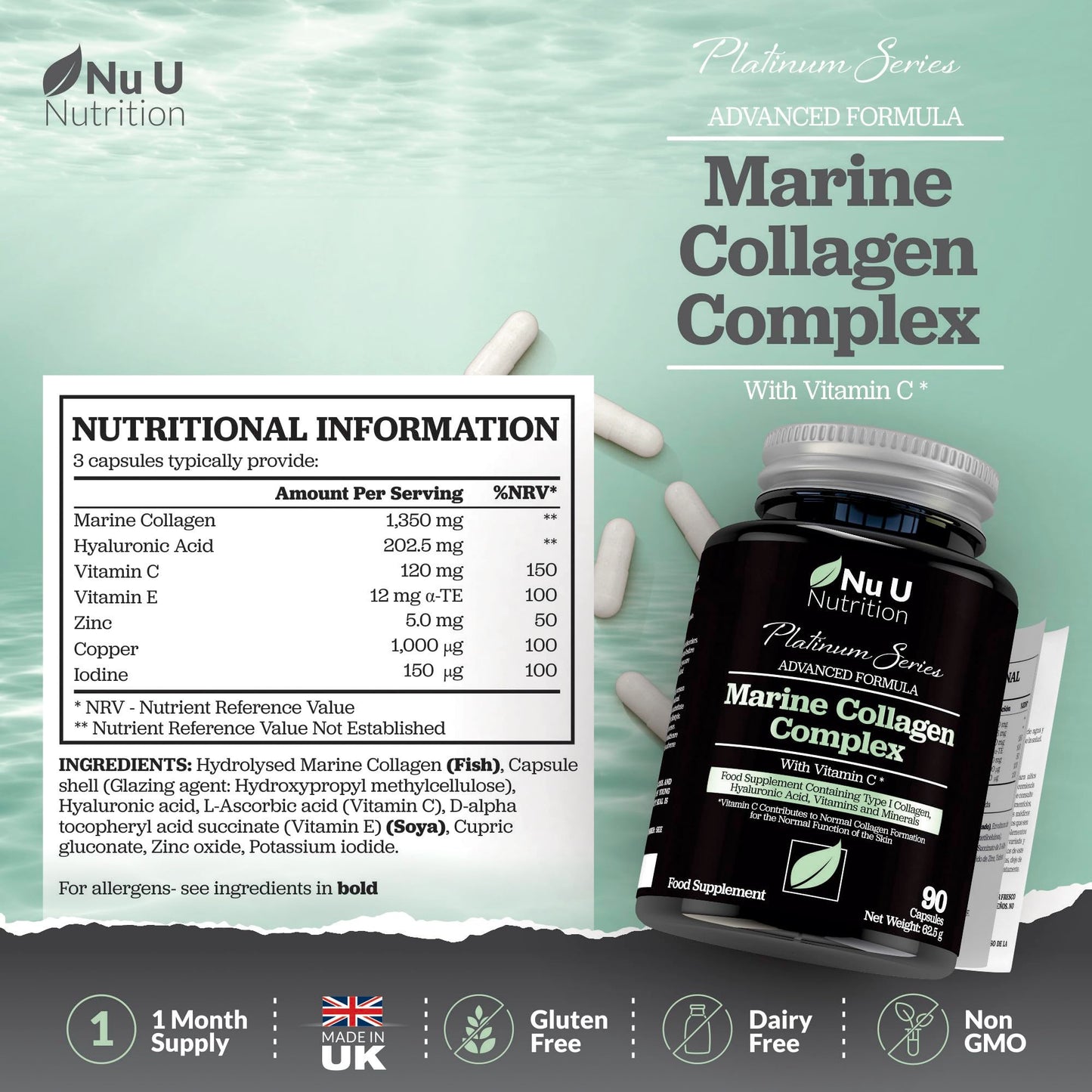 Nu U Nutrition Marine Collagen with Hyaluronic Acid, Vitamin C - 90 Hydrolysed Capsules (not Tablets) - Premium High Strength Collagen Supplements for Women & Men - Type 1 Marine Collagen - for Hair Nails & Skin