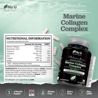 Nu U Nutrition Marine Collagen with Hyaluronic Acid, Vitamin C - 90 Hydrolysed Capsules (not Tablets) - Premium High Strength Collagen Supplements for Women & Men - Type 1 Marine Collagen - for Hair Nails & Skin