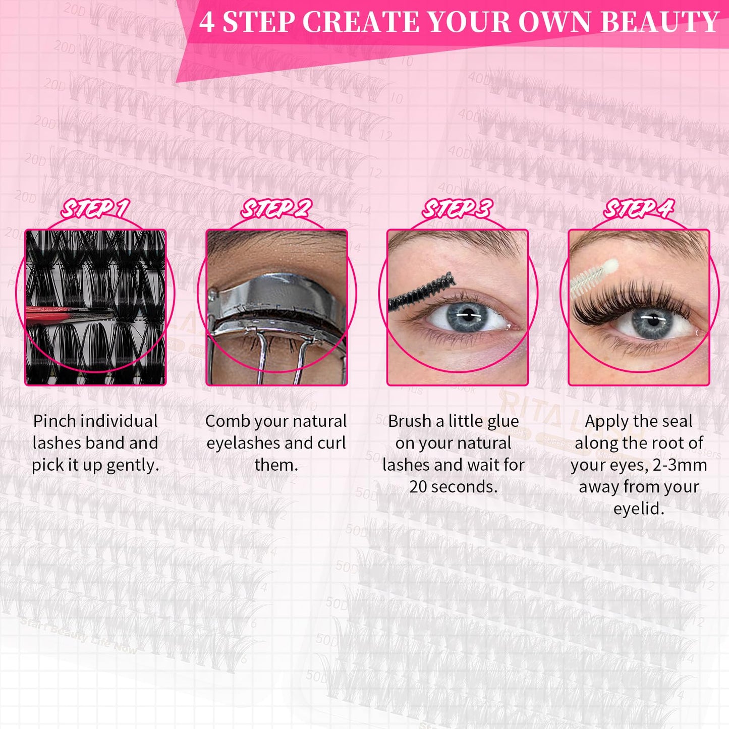 RITALASH 384PCS 4 Style Cluster Lashes Book Individual Lashes Clusters Eyelash Extensions False Eyelashes DIY Wispy Fluffy Lash Extension Kit Natural Look (20D+30D+40D+50D cluster lashes)