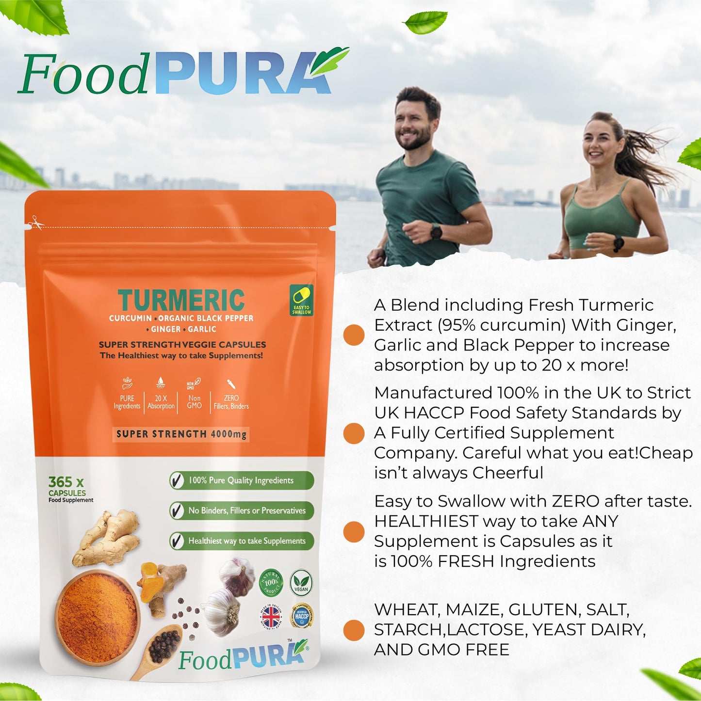 FoodPURA 365 x 4000mg Turmeric (Curcumin), Ginger, Garlic & Organic Black Pepper Capsules HACCP Certified, Manufactured in The UK by FoodPURA (365)