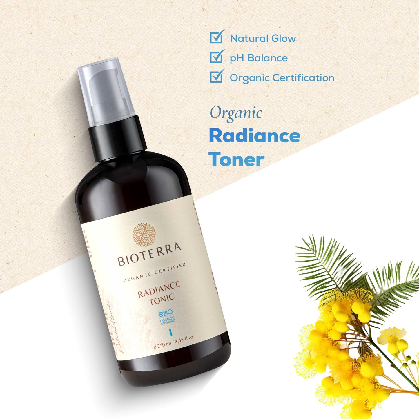 Bioterra Organic Radiance Face Tonic, Refreshing, Balance & Glow, Normal & Combination Skin, Prebiotic and Organic Essential Oils, 250 ml
