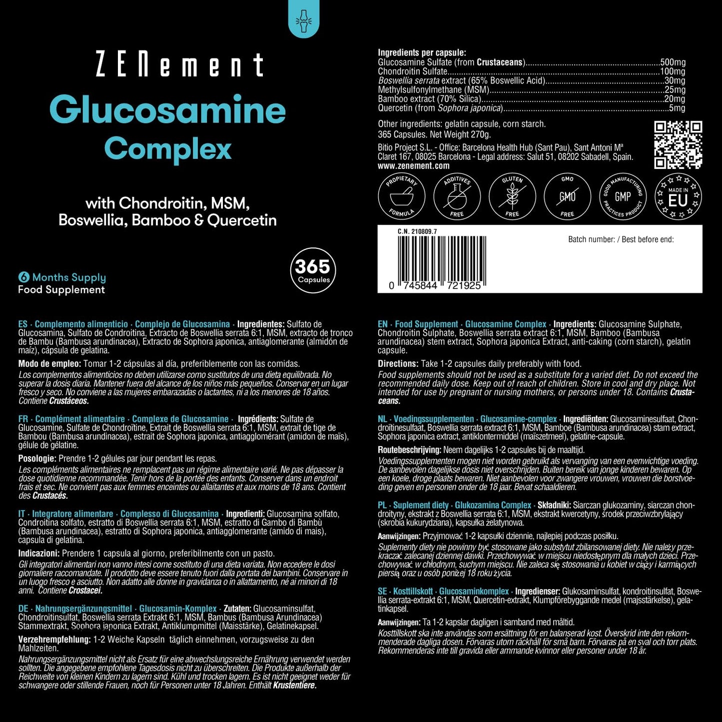 Glucosamine and Chondroitin Complex, 365 High Strength Capsules (1 Year Supply) | with MSM, Boswellia, Bamboo & Quercetin | Maintains Normal Joint Cartilage | Zenement