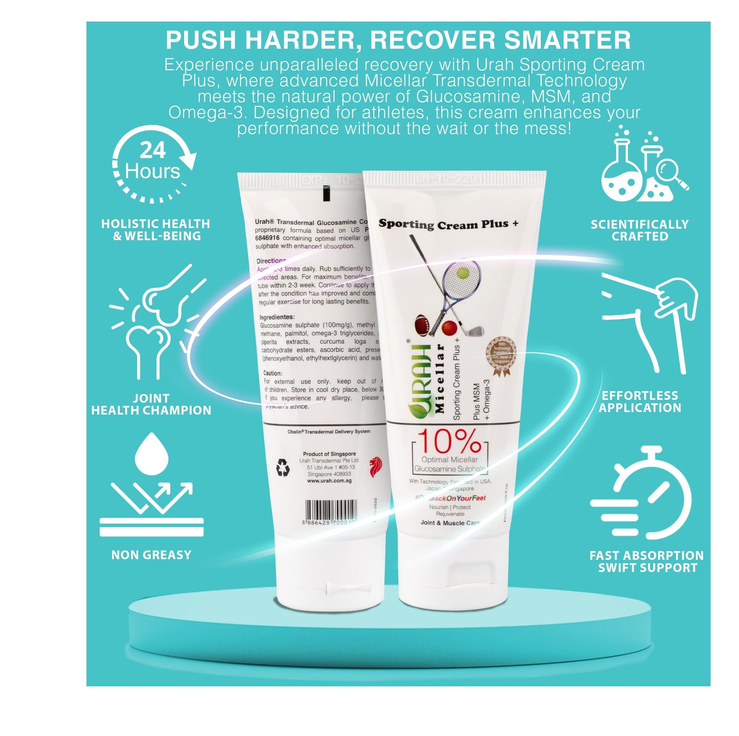 URAH Urah Micellar Sporting Cream Plus | MSM, Omega-3, Vitamin C & Turmeric | Non-Greasy Joint Comfort Cream | Quick Absorption | Sensitive Skin Friendly | 50g Tube